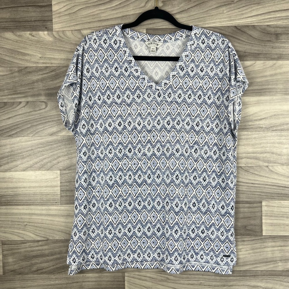 Orvis Top Women's Medium Blue White Argyle Print Short Sleeve V-Neck Pullover